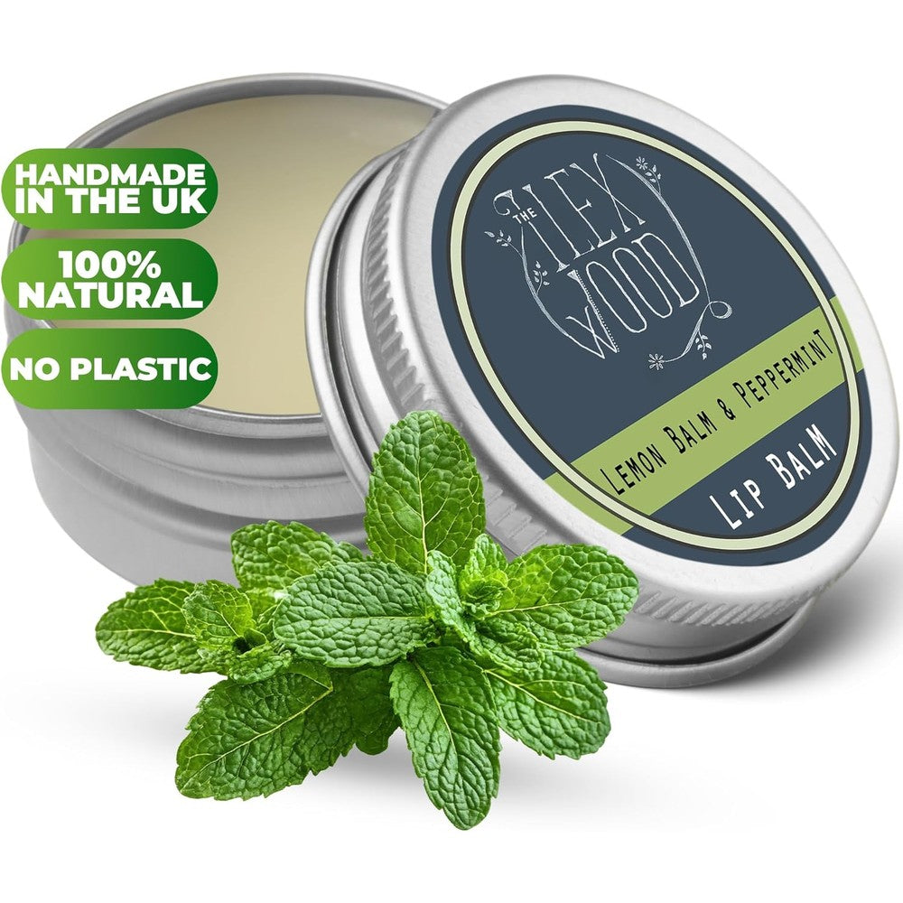 The Ilex Wood Lemon Balm and Peppermint Lip Balm front view of the metal tin packaging.