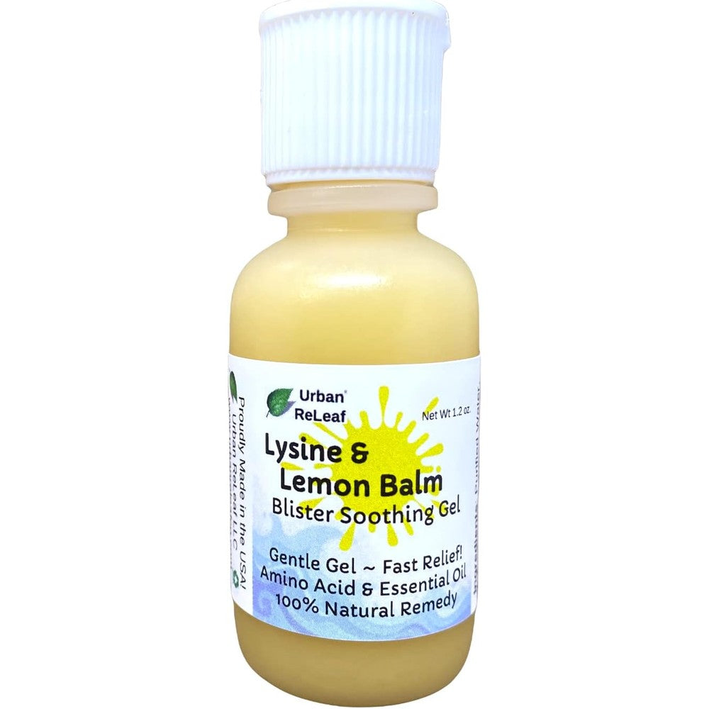 Urban ReLeaf Lysine and Lemon Balm Blister Soothing Gel front view showing bottle packaging for natural cold sore relief.