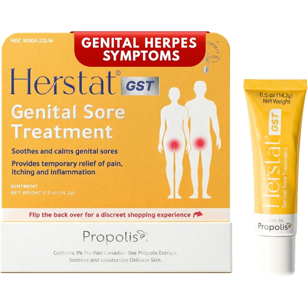 Herstat GST Genital Sore Treatment ointment front packaging view for herpes symptom relief.
