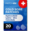PatchRx Cold Sore Patches for Lips front view packaging showing 20 hydrocolloid patches for fever blister relief.