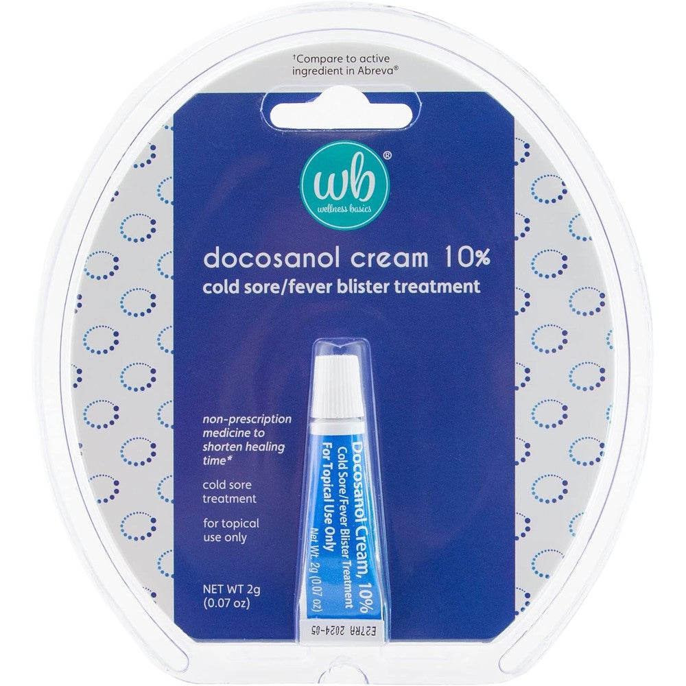 Abreva Wellness Basics Docosanol Ten Percent Cream front packaging for cold sore treatment.