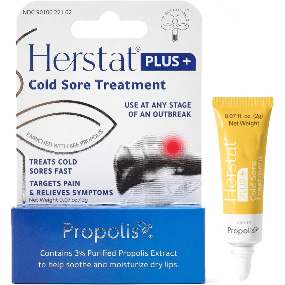 Herstat Plus Cold Sore Treatment two gram tube front view for fever blister relief