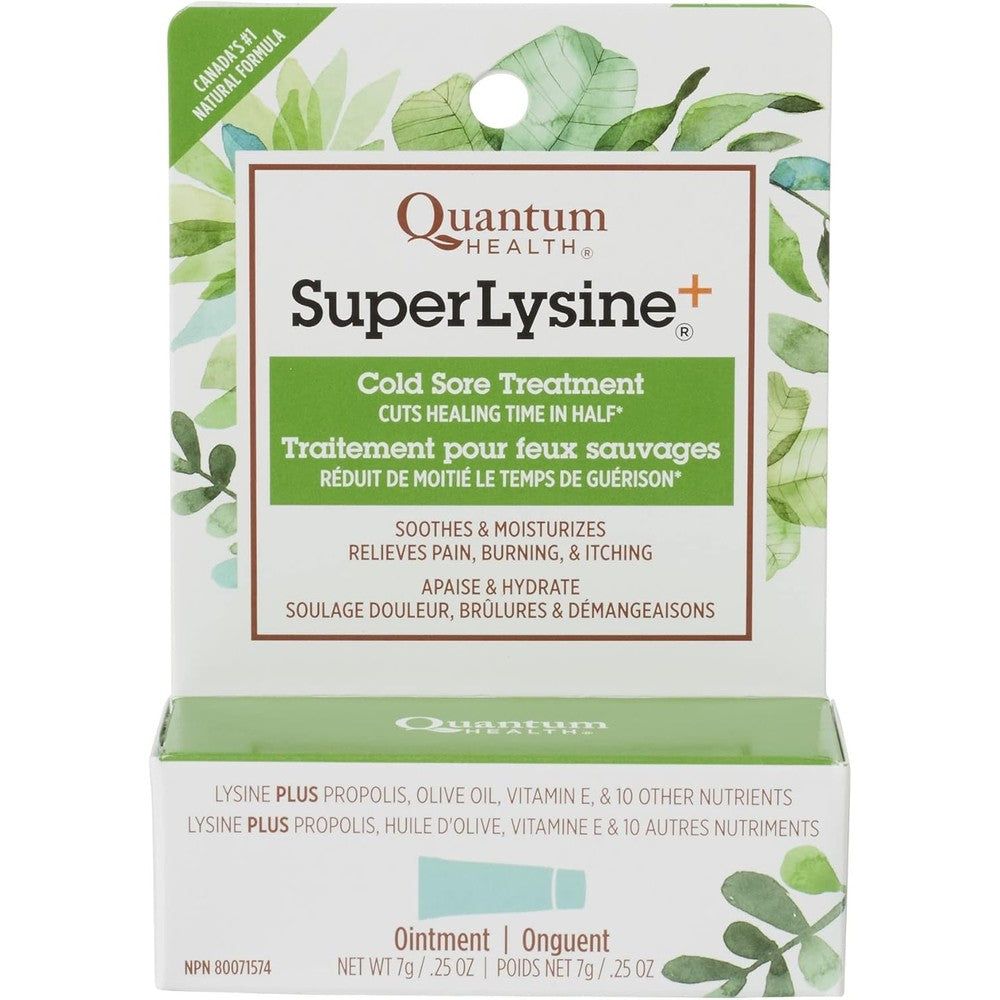 Quantum SuperLysine+ Cold Sore Treatment Ointment front packaging view for fast blister relief