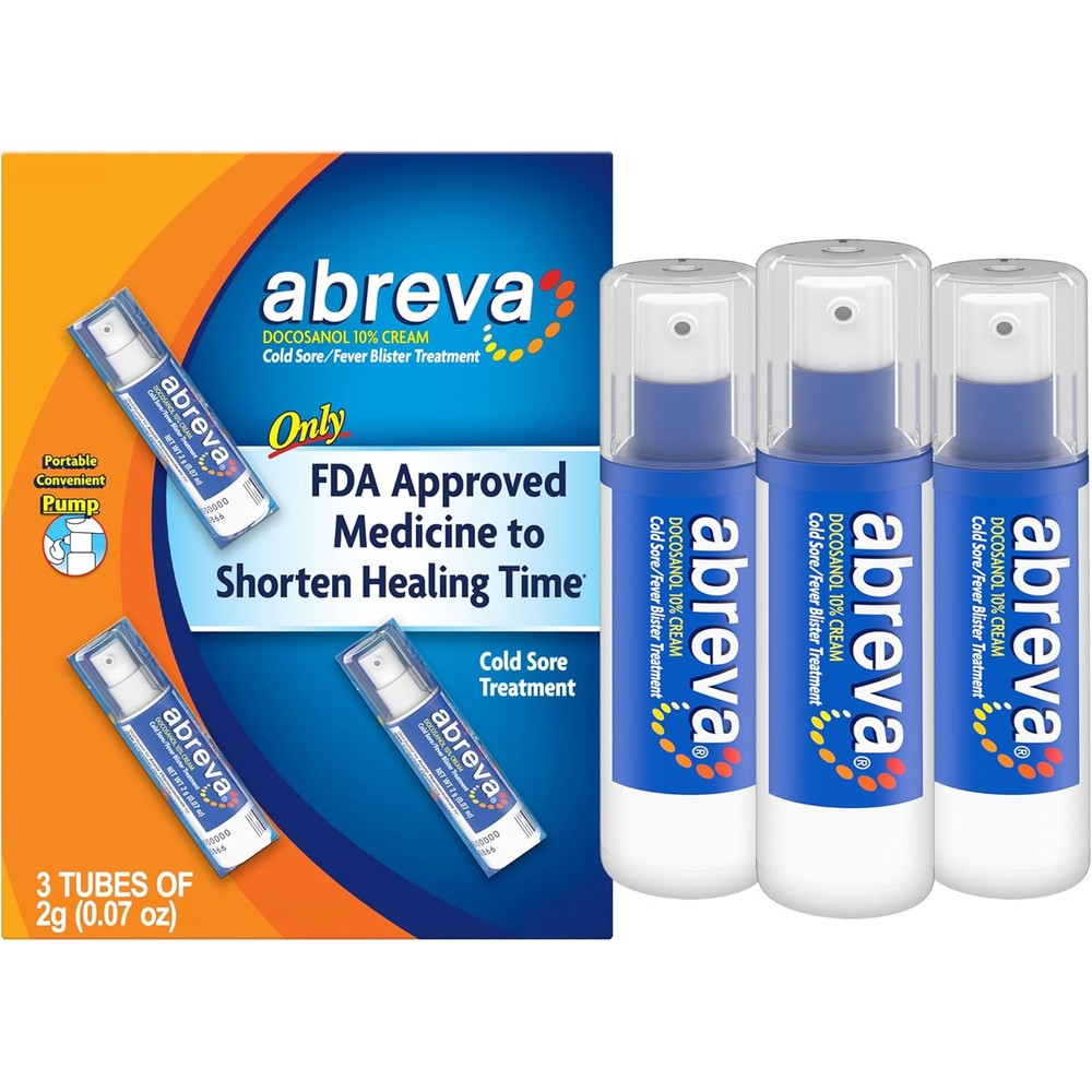Abreva Docosanol Ten Percent Cold Sore Treatment Cream three pack pump bottles front view