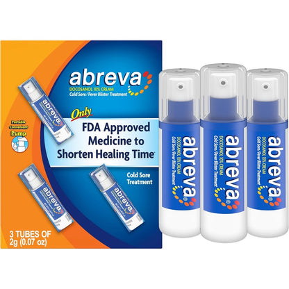 Abreva Docosanol Ten Percent Cold Sore Treatment Cream three pack pump bottles front view