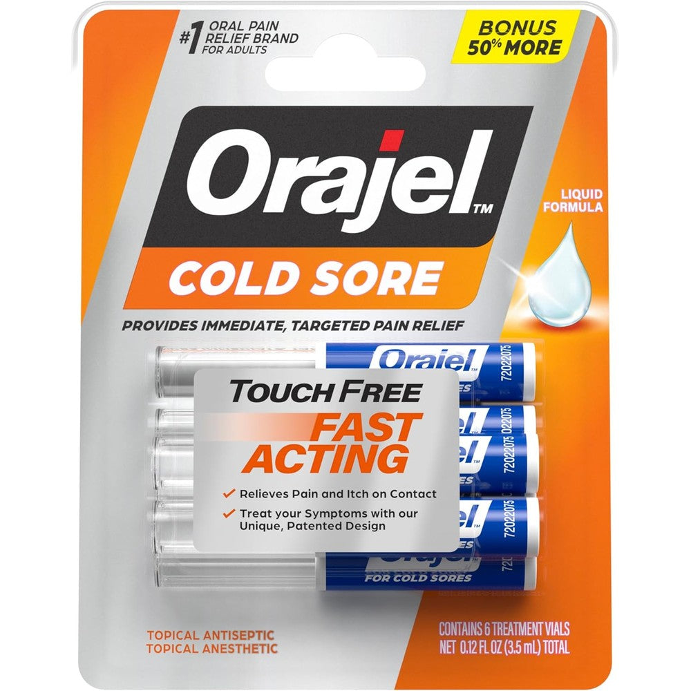 Orajel Touch Free Cold Sore Treatment front packaging view showcasing immediate pain relief features