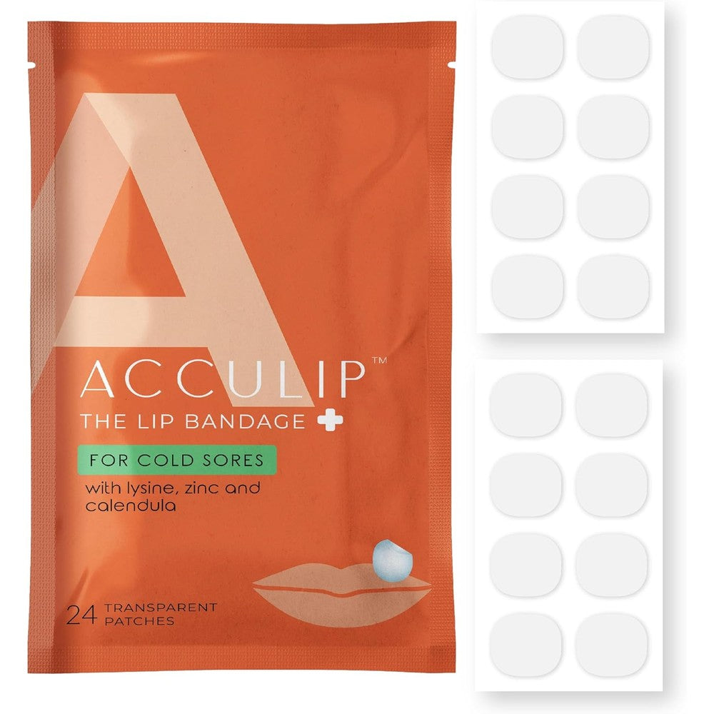 Acculip cold sore patch retail box front view showing 24 transparent lip bandages
