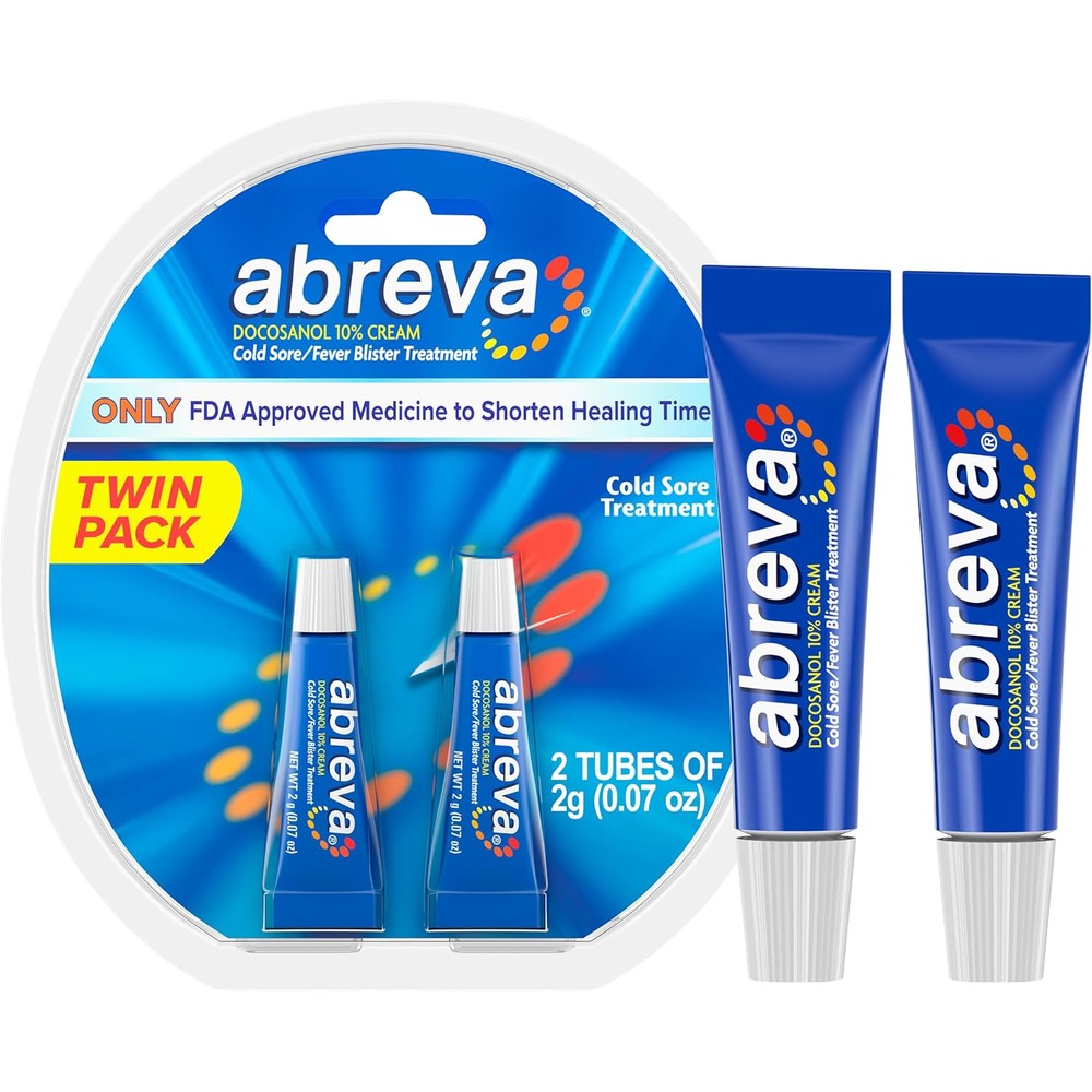 Abreva 10 Percent Docosanol Cold Sore Treatment twin pack front view showcasing authentic USA imported packaging.