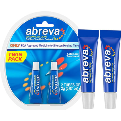 Abreva 10 Percent Docosanol Cold Sore Treatment twin pack front view showcasing authentic USA imported packaging.