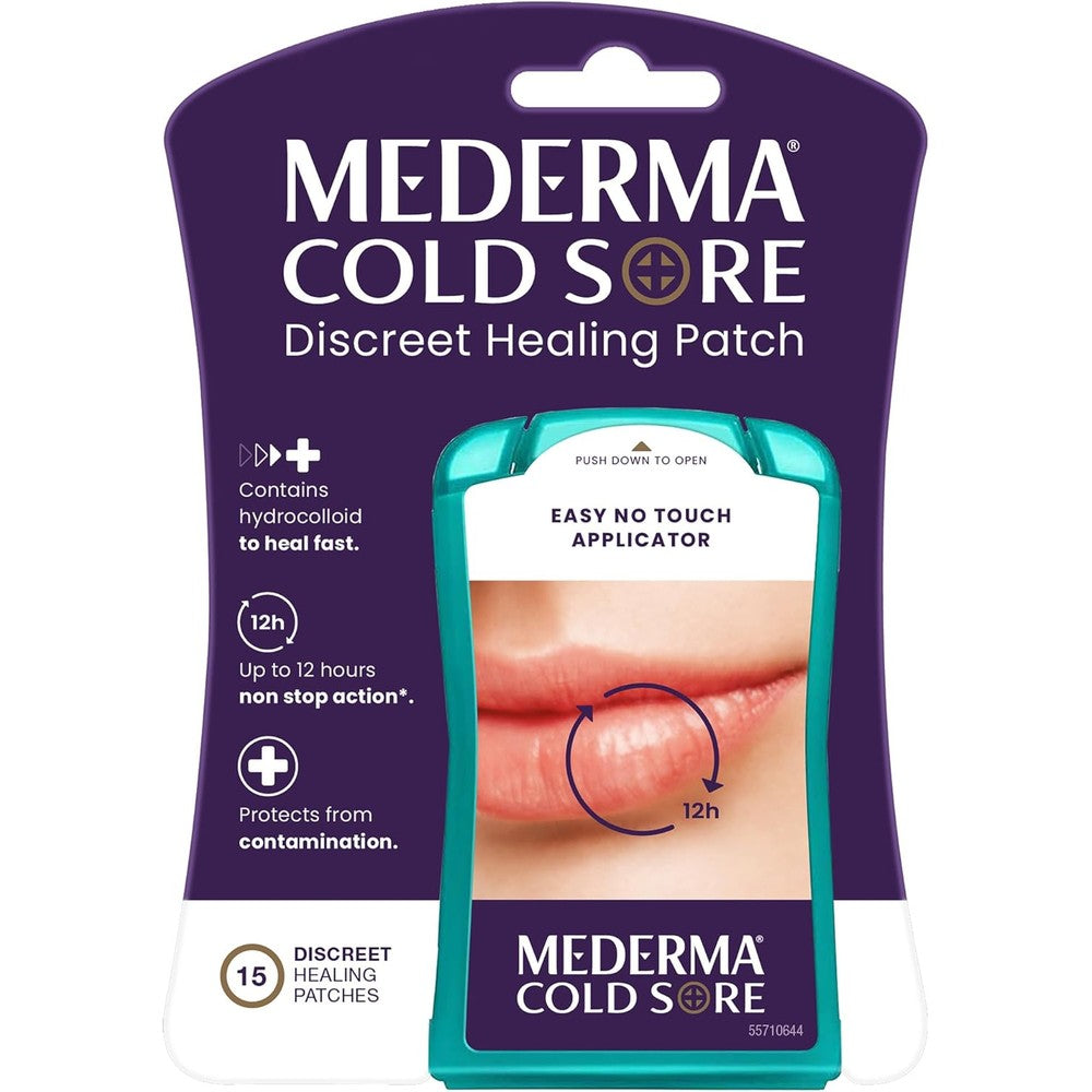 Mederma Cold Sore Discreet Healing Patch front view package showing fifteen count hydrocolloid gel patches.