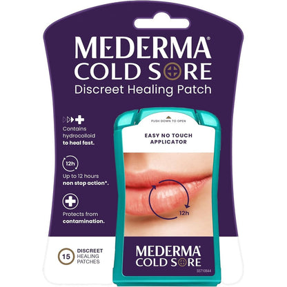 Mederma Cold Sore Discreet Healing Patch front view package showing fifteen count hydrocolloid gel patches.