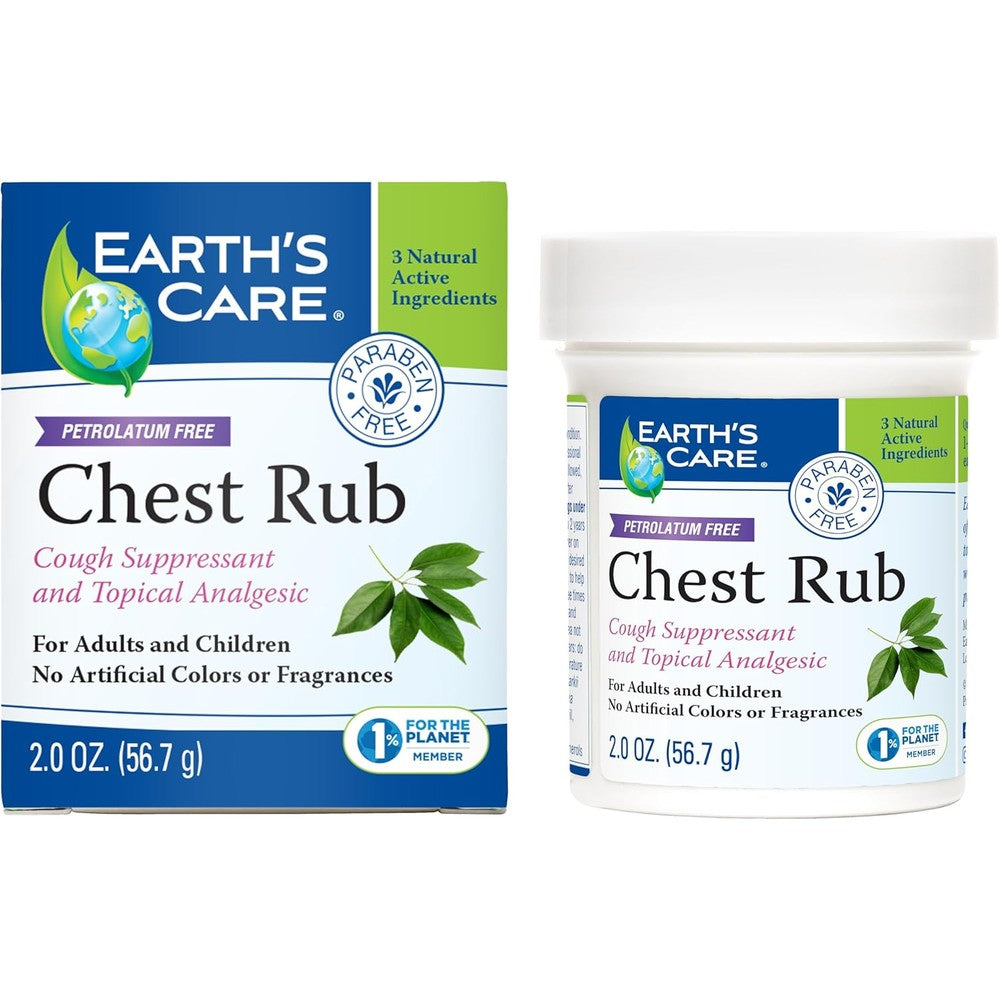 Earth's Care Petrolatum Free Chest Rub front packaging showcasing natural cough suppressant benefits.