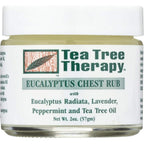 Tea Tree Therapy Eucalyptus Chest Rub 2 Ounce front jar packaging for natural cold and nasal congestion relief.