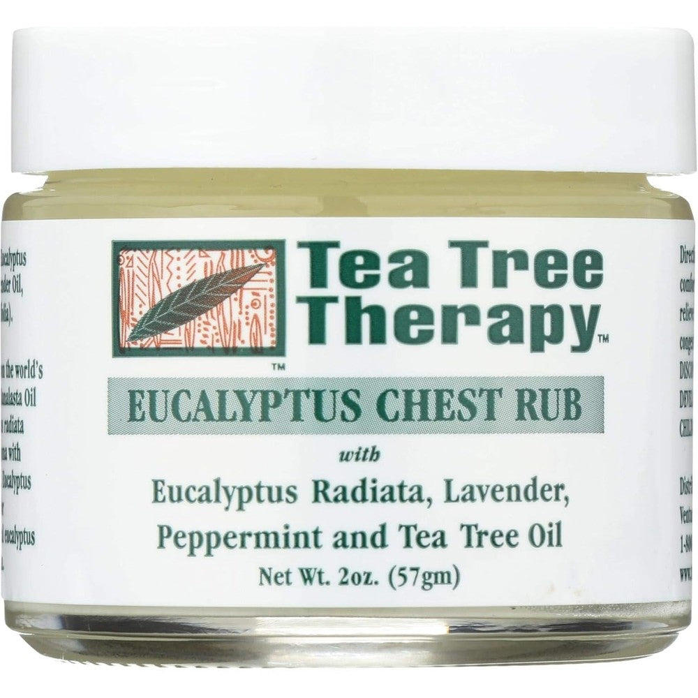 Tea Tree Therapy Eucalyptus Chest Rub 2 Ounce front jar packaging for natural cold and nasal congestion relief.