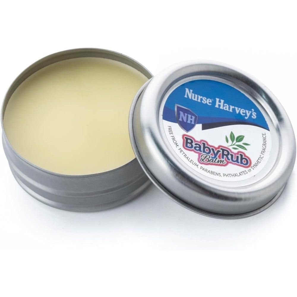 Nurse Harvey's Baby Rub Balm front view of the twenty gram metal tin container for infant cold relief.