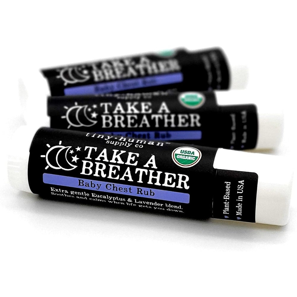 Tiny Human Supply Co Organic Take A Breather Baby Chest Rub Stick 3 pack front packaging view for organic baby congestion relief.