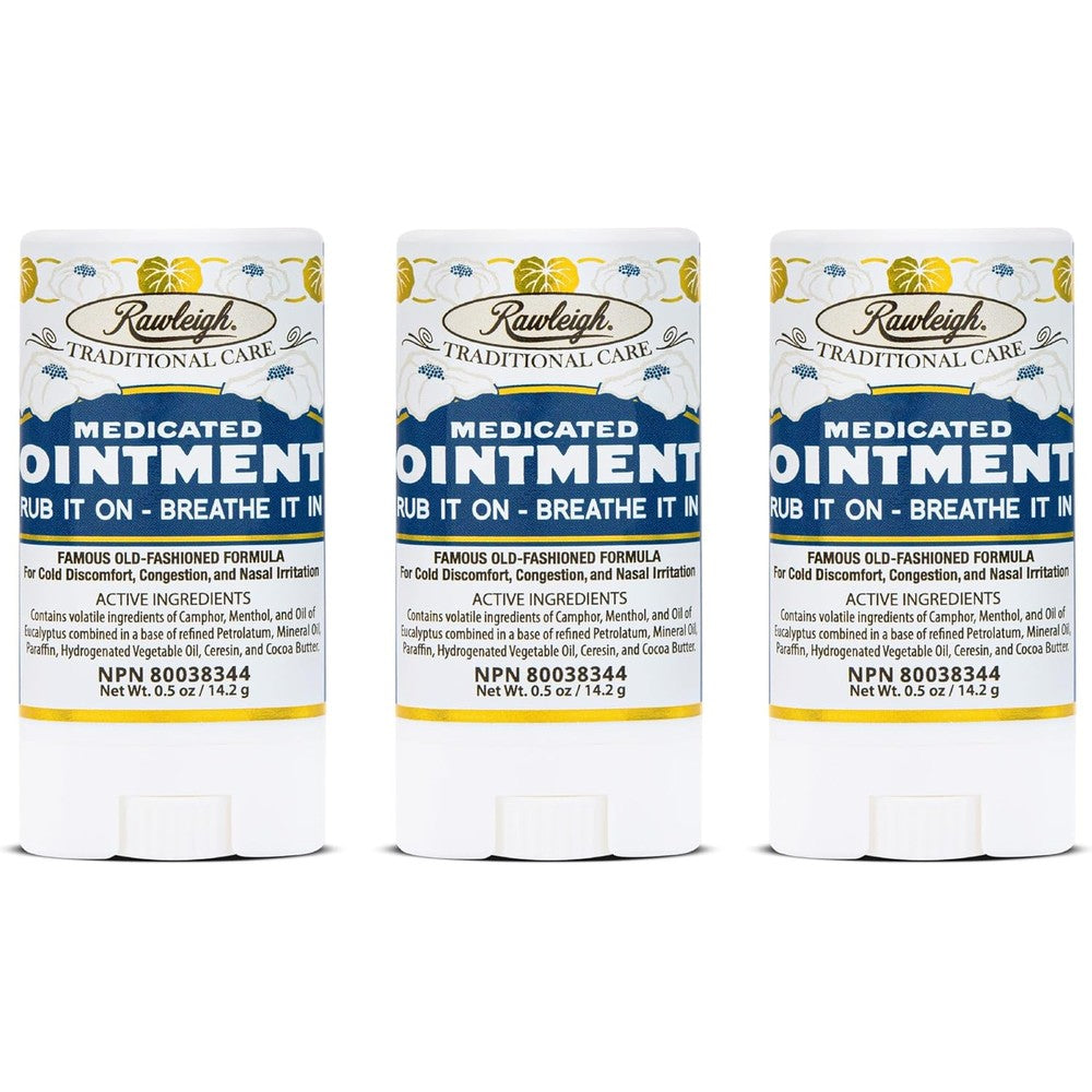 Rawleigh Medicated Ointment Stick three pack front view showing packaging for cold and nasal congestion relief.