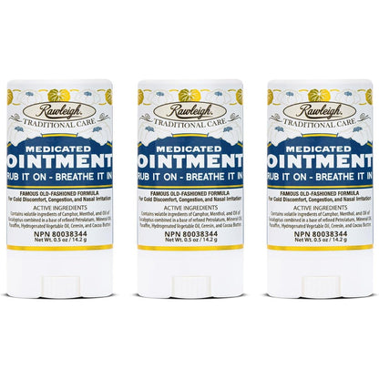 Rawleigh Medicated Ointment Stick three pack front view showing packaging for cold and nasal congestion relief.