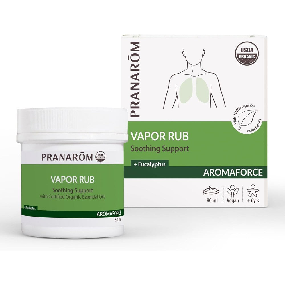 Pranarom Aromaforce Organic Vapor Rub 80ml box front view showing USDA Organic seal for natural respiratory care.