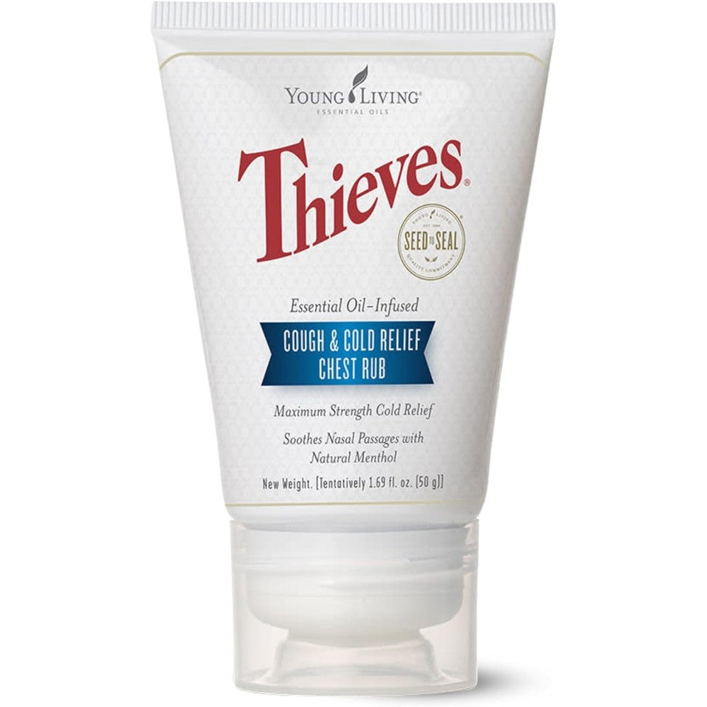 Young Living Thieves Essential Oil Infused Chest Rub tube front view for natural cough and cold congestion relief.