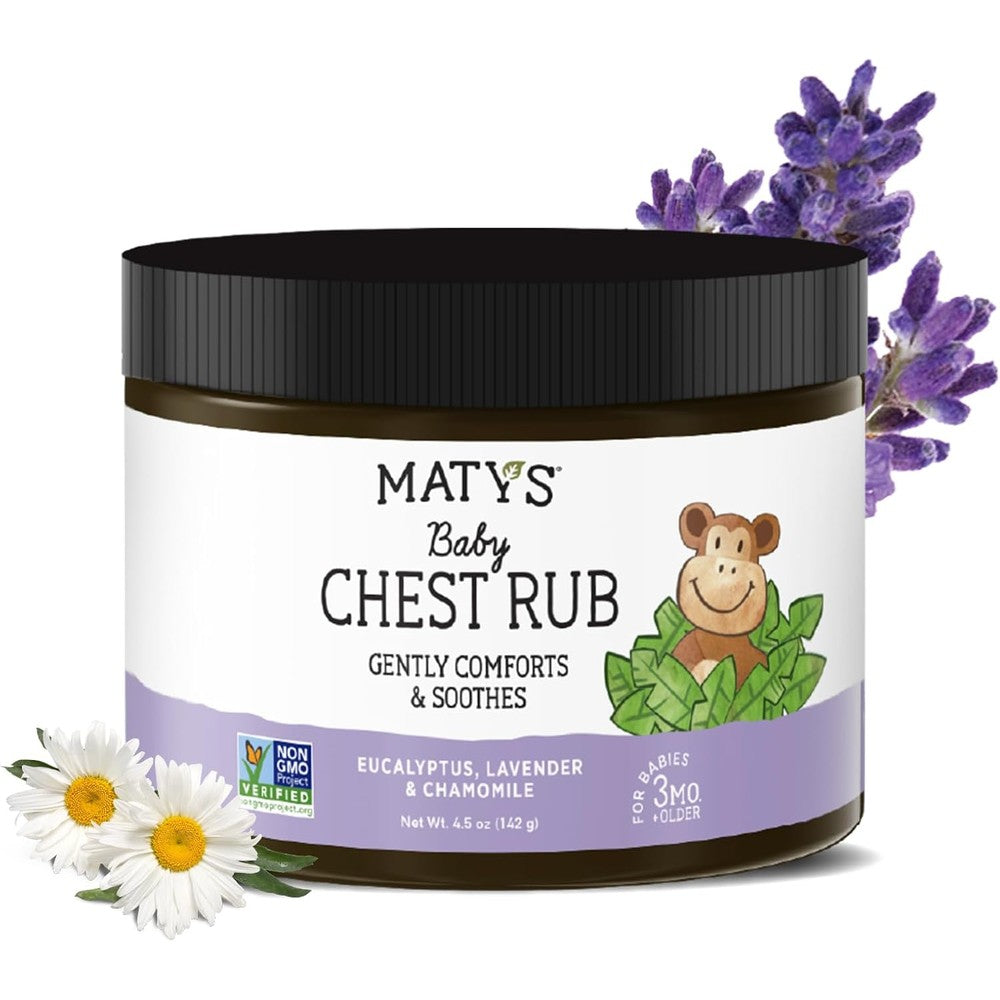 Matys Baby Chest Rub front view of four point five ounce tub showing soothing congestion relief formula