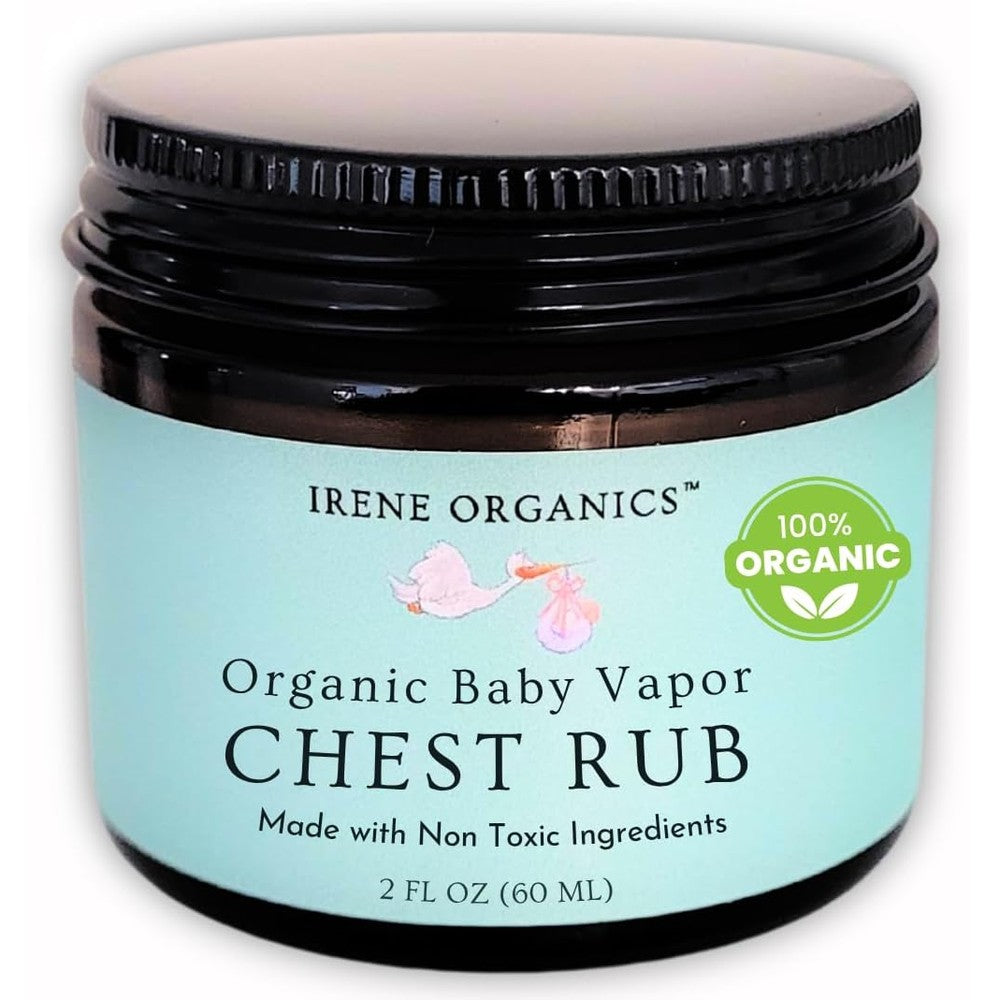 Irene Organics Organic Baby Vapor Chest Rub front view of two ounce jar for infant congestion relief