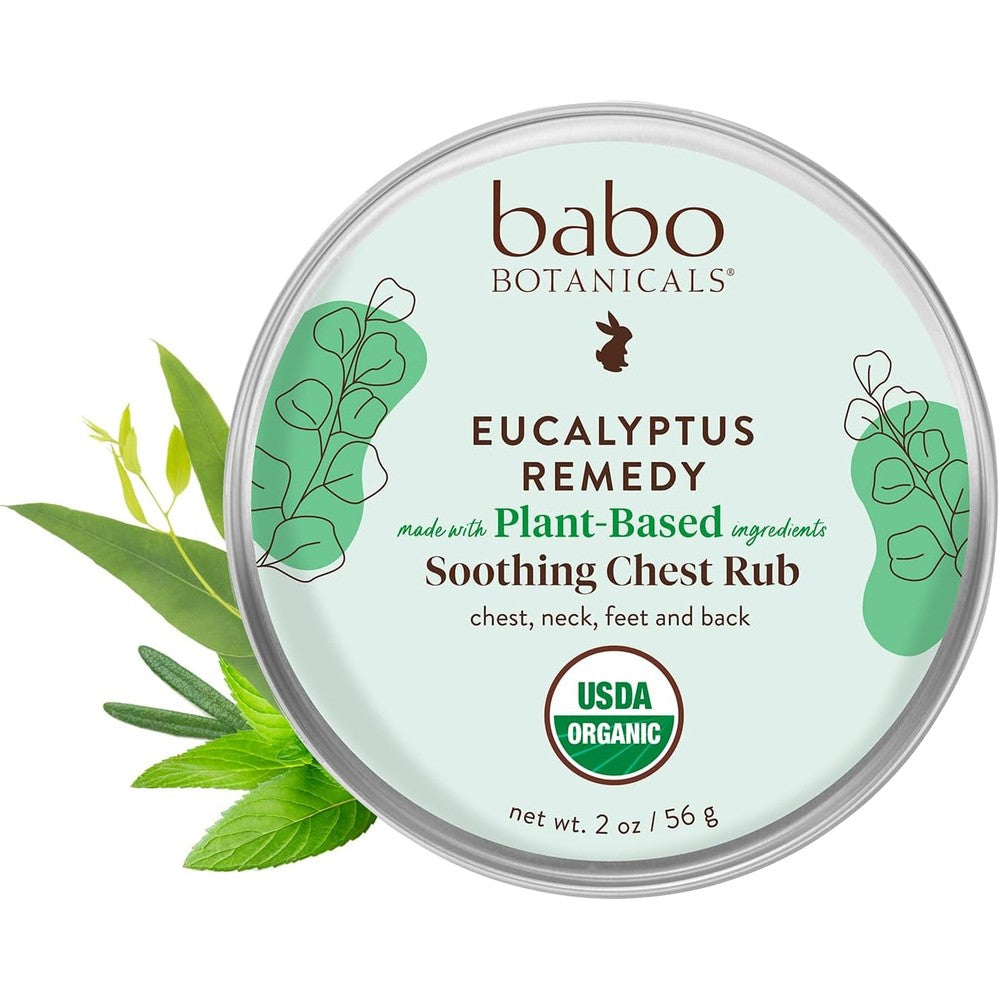 Babo Botanicals Eucalyptus Remedy Organic Soothing Chest Rub front view of two ounce tin for natural congestion relief
