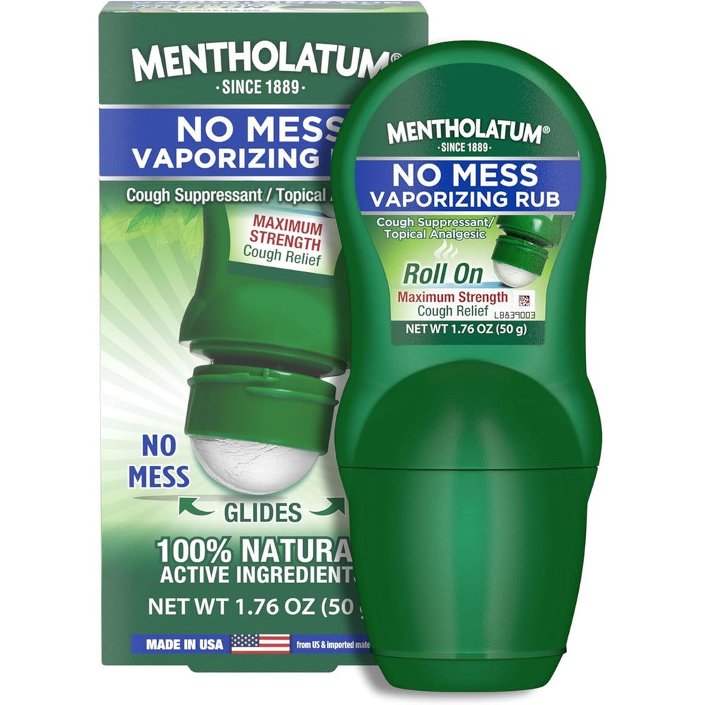 Mentholatum No Mess Vaporizing Rub front view of roll on bottle for cough relief