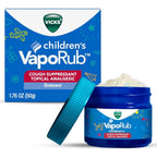 Vicks Children's VapoRub front view packaging showing cough suppressant and analgesic ointment jar.