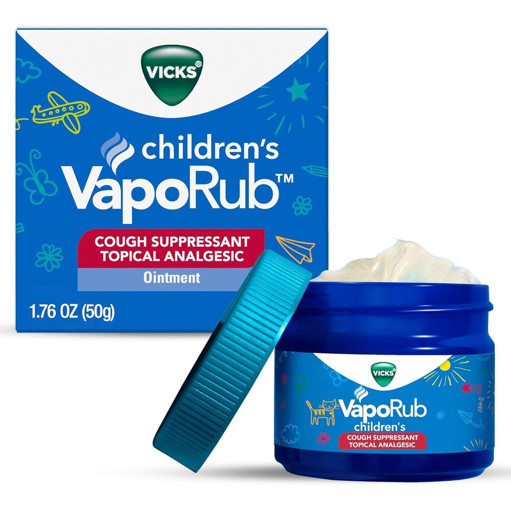 Vicks Children's VapoRub front view packaging showing cough suppressant and analgesic ointment jar.