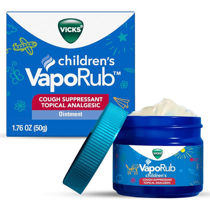 Vicks Children's VapoRub front view packaging showing cough suppressant and analgesic ointment jar.