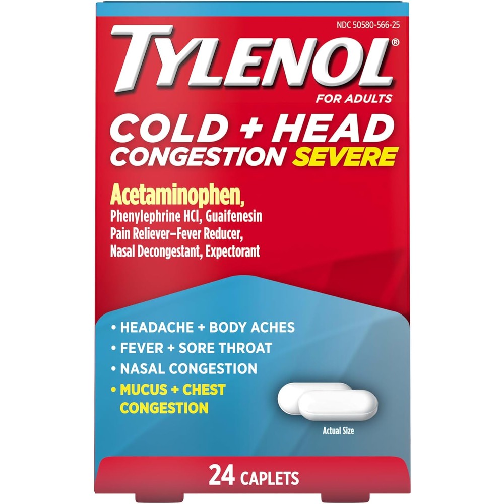 Tylenol Cold and Head Congestion Severe 24 count front box packaging for multi symptom relief