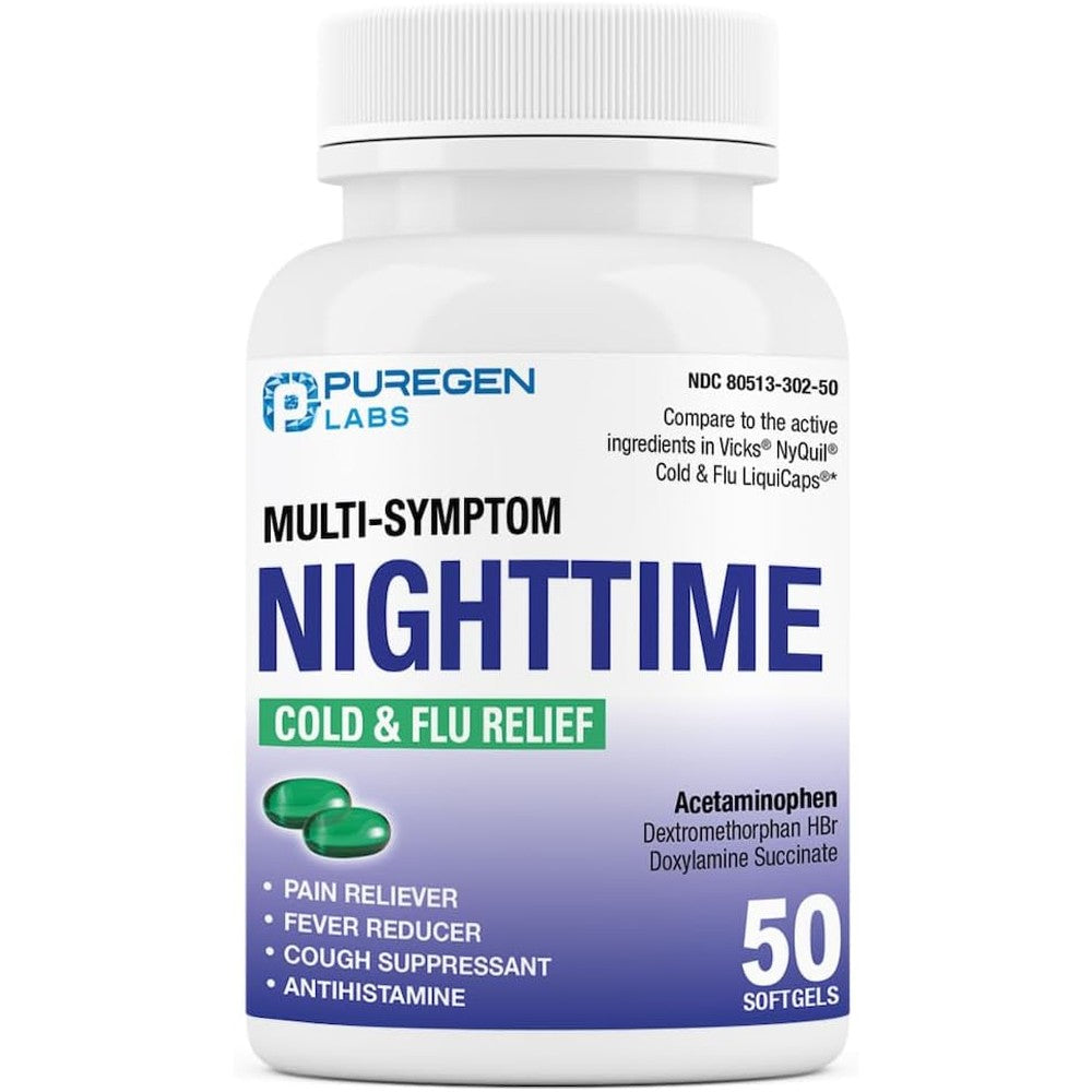 Puregen Labs Nighttime Cold and Flu Relief 50 softgels front view for multi symptom congestion relief