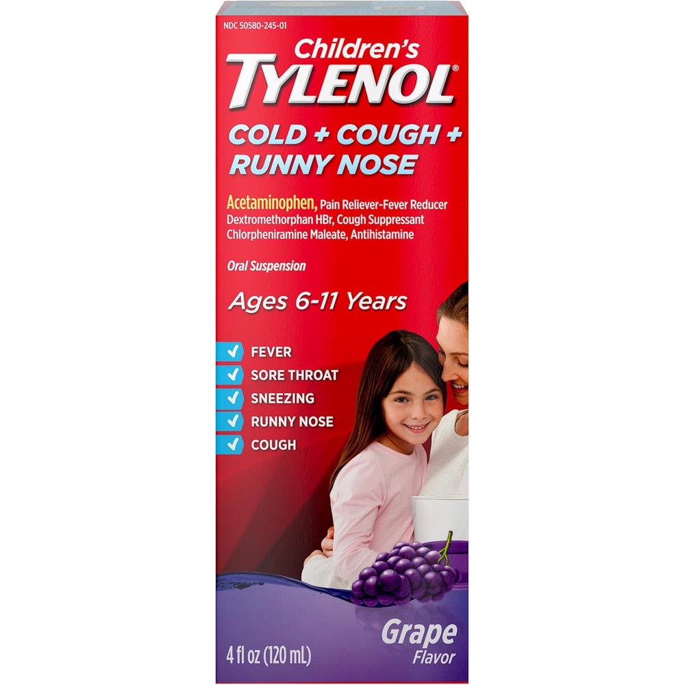 Tylenol Childrens Cold Cough Runny Nose grape liquid front view
