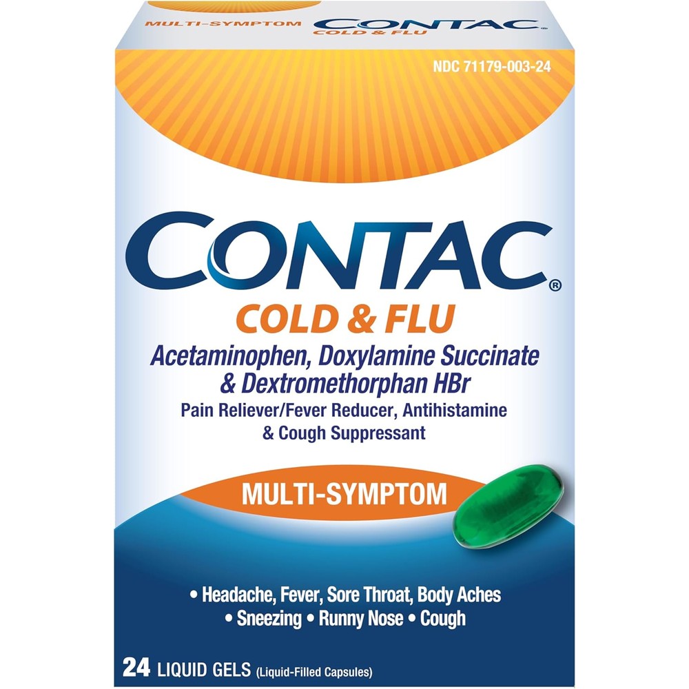Contac Cold and Flu Multi Symptom 24 Count Liquid Gels front box view for fast cold relief.