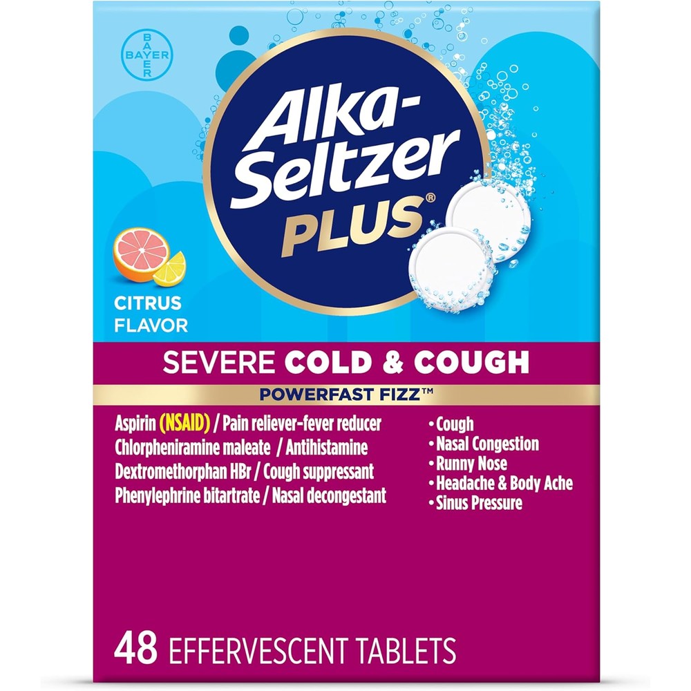 Alka-Seltzer Plus Severe Cold and Cough front packaging for fast multi-symptom relief