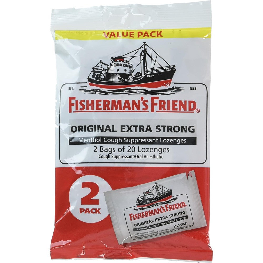 Fisherman's Friend Original Extra Strong Menthol Cough Suppressant Lozenges front packaging for sore throat relief
