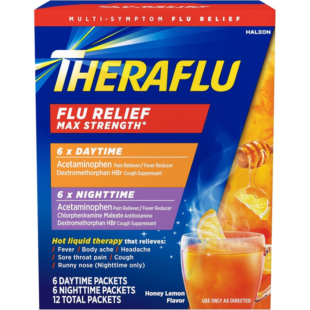 Theraflu Max Strength Daytime and Nighttime Flu Relief combo pack front view showcasing twelve packets for severe symptom relief.
