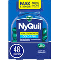 Vicks NyQuil Ultra Concentrated Cold and Flu Nighttime Relief 48 LiquiCaps front packaging view showing active ingredients for multi symptom relief.