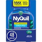 Vicks NyQuil Ultra Concentrated Cold and Flu Nighttime Relief 48 LiquiCaps front packaging view showing active ingredients for multi symptom relief.