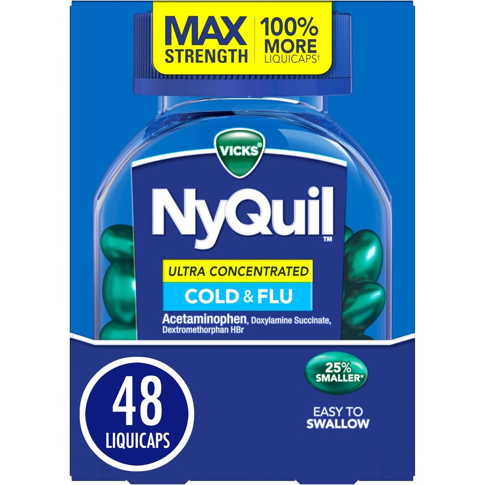 Vicks NyQuil Ultra Concentrated Cold and Flu Nighttime Relief 48 LiquiCaps front packaging view showing active ingredients for multi symptom relief.