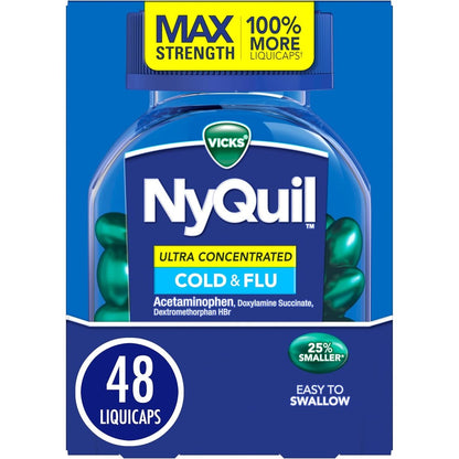 Vicks NyQuil Ultra Concentrated Cold and Flu Nighttime Relief 48 LiquiCaps front packaging view showing active ingredients for multi symptom relief.