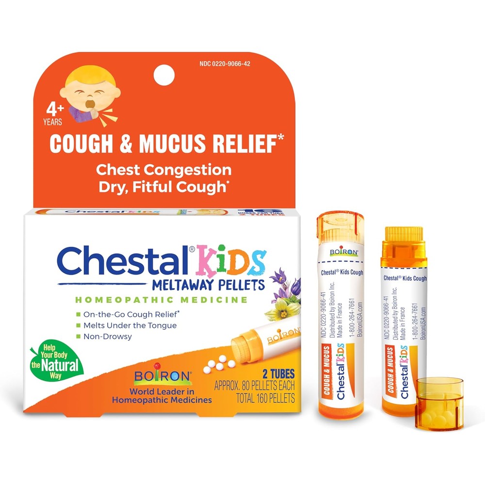 Boiron Chestal Kids pellets front package view for homeopathic child cough relief