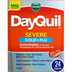 Vicks DayQuil Severe Cold Flu and Congestion 24 LiquiCaps front box packaging for powerful daytime cold relief