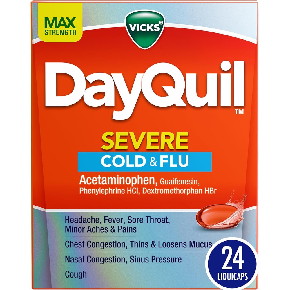 Vicks DayQuil Severe Cold Flu and Congestion 24 LiquiCaps front box packaging for powerful daytime cold relief