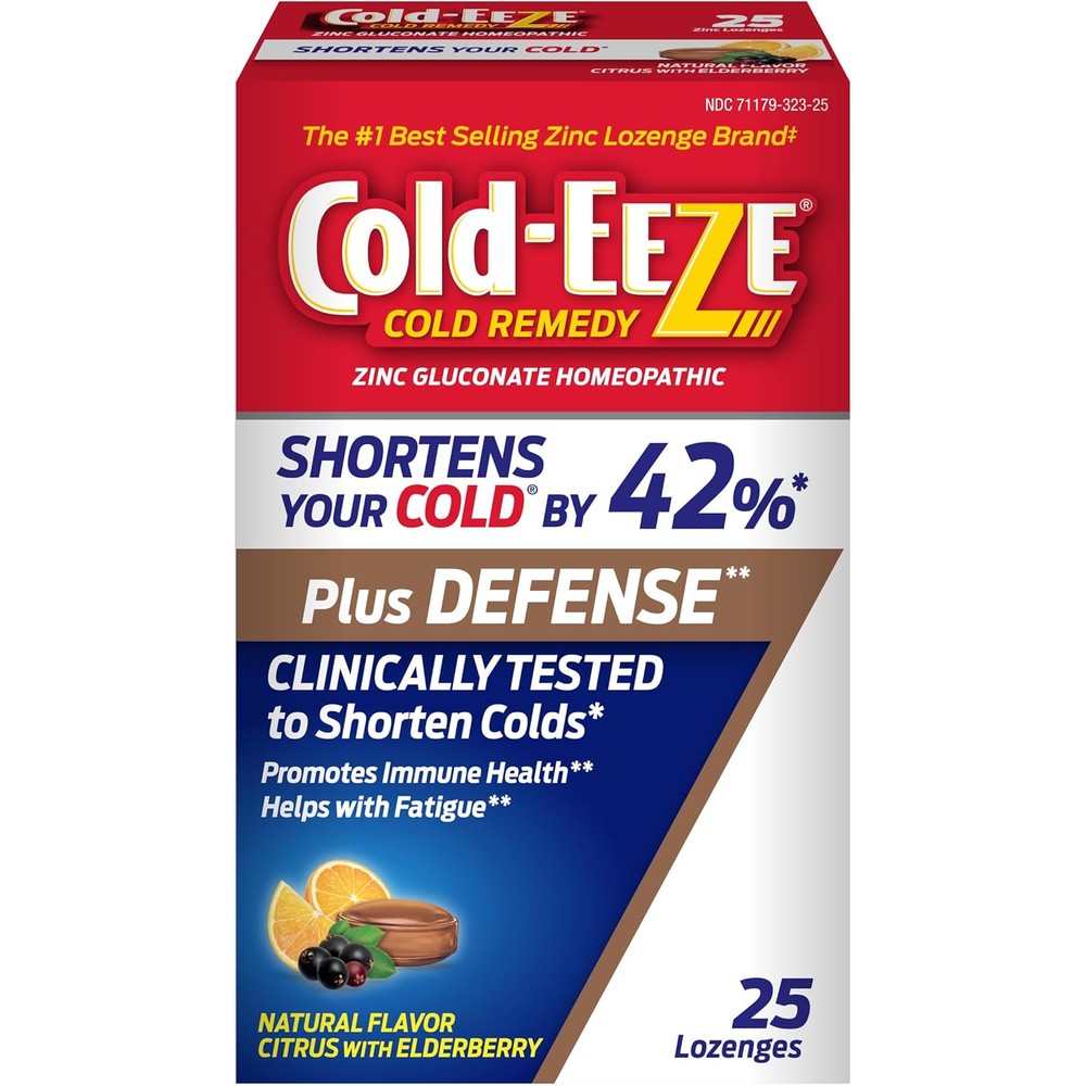 Cold-EEZE Plus Defense Zinc Lozenges front packaging view showing citrus and elderberry flavors.