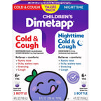Children's Dimetapp Cold and Cough Day and Night Value Pack front packaging showing two grape bottles for kids cough relief.