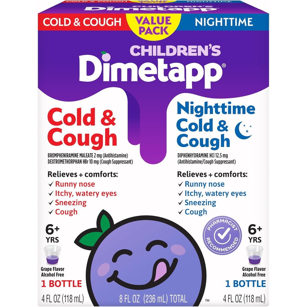 Children's Dimetapp Cold and Cough Day and Night Value Pack front packaging showing two grape bottles for kids cough relief.