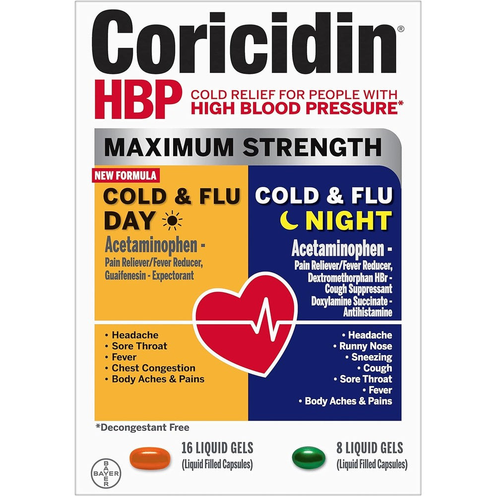 Coricidin HBP Maximum Strength Cold and Flu Day and Night Liquid Gels front packaging showing 24 count blister pack.