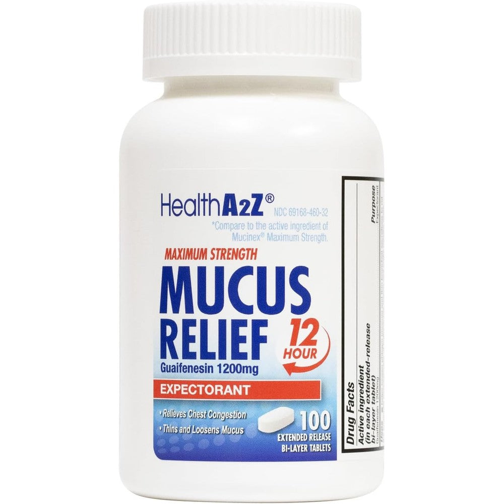 HealthA2Z Mucus Relief Guaifenesin 1200 mg bottle front view for chest congestion relief